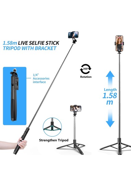 Selfie Çubuğu Q05 Selfie Çubuğu 158 cm Uzatılabilir 3'ü 1 Arada Bluetooth Selfie Çubuğu Tripod Uzaktan Kumandalı Gopro Küçük Kamera, Akıllı Telefon ile Uyumlu (Yurt Dışından)