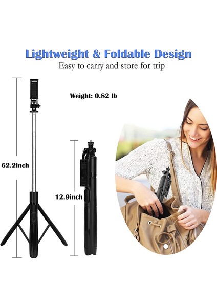 Selfie Çubuğu Q05 Selfie Çubuğu 158 cm Uzatılabilir 3'ü 1 Arada Bluetooth Selfie Çubuğu Tripod Uzaktan Kumandalı Gopro Küçük Kamera, Akıllı Telefon ile Uyumlu (Yurt Dışından)