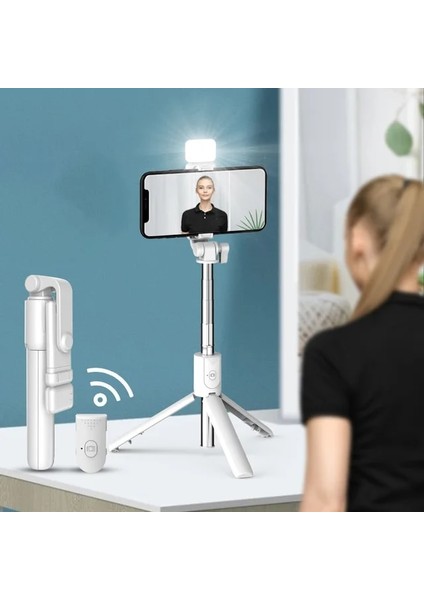 H1S Beyaz 2022 Katlanabilir Cep Telefonu Tutucu Dolgu Işığı Kablosuz Bluetooth Uyumlu Selfie Çubuğu Android Canlı Yayın Için IPhone (Yurt Dışından)