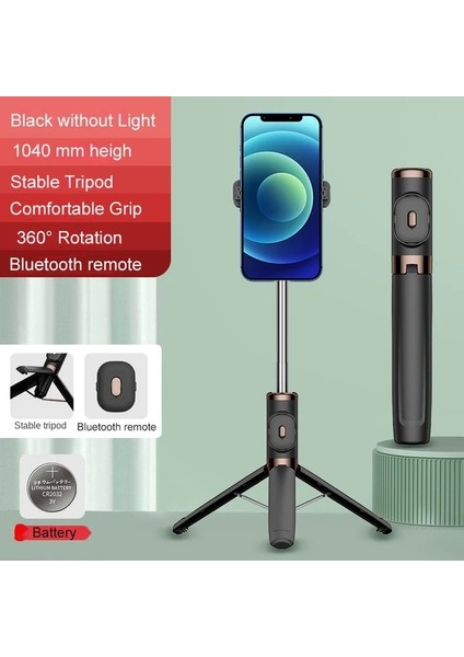 Siyah Işıksız Kablosuz Selfie Çubuğu Bluetooth Uzaktan Güçlendirilmiş Tripod Tutucu iPhone Huawei Xiaomi Akıllı Telefon Için Dolgu Işığı ile Selfie Canlı (Yurt Dışından)