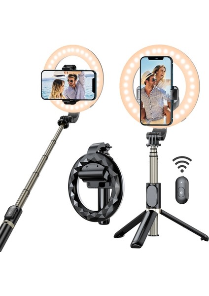 Q07-BLACK Selfie Halka Işık Selfie Çubuğu Tripod Halkalı Telefon Kılıfı Tutucu Taşınabilir Takısız Kısılabilir LED Halka Işık (Yurt Dışından)