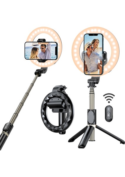 Q07-BLACK Selfie Halka Işık Selfie Çubuğu Tripod Halkalı Telefon Kılıfı Tutucu Taşınabilir Takısız Kısılabilir LED Halka Işık (Yurt Dışından) fiyatları