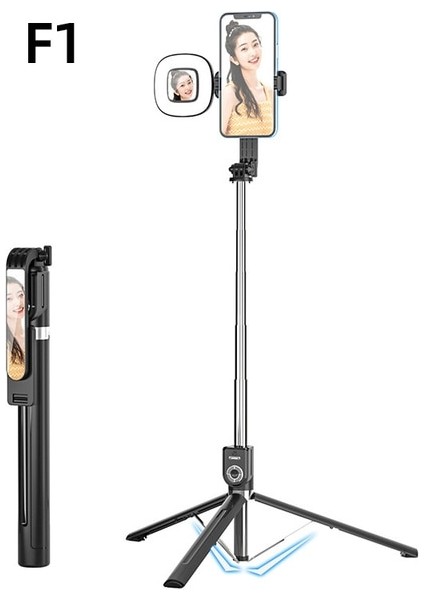 Selfie Çubuğu 1 Kablosuz Bluetooth Selfie Çubuğu 1700MM Çift Dolgu Işığı ile Gopro Aksiyon Kameraları Için Katlanabilir Tripod Monopod Akıllı Telefon (Yurt Dışından)