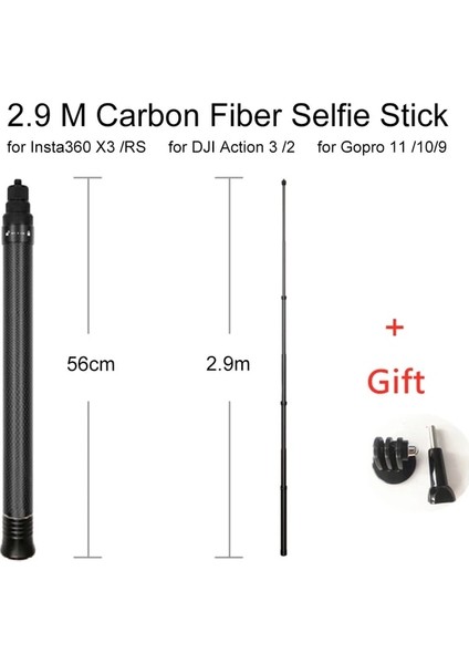 Siyah 2.9 M Süper Uzun Karbon Fiber Görünmez Selfie Sopa INSTA360 X3 /djı Actıon 3 /gopro 11 Kamera Selfie Sopa (Yurt Dışından)
