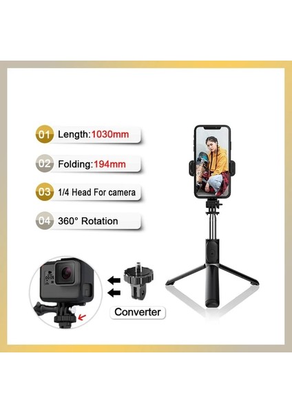 103CM Kamera Için Fangtuosı Bluetooth Selfie Çubuğu Tripod Mini 4'ü 1 Arada Selfie Çubuğu - Gopro Aksiyon Kamerası Için Akıllı Telefonlar Için 360° Döndürme Standı (Yurt Dışından)