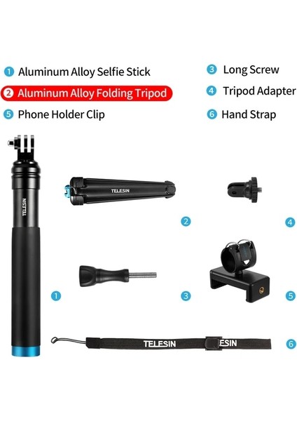 Yeni Model Telesın 6 In 1 Uzatılabilir Alüminyum Alaşımlı Selfie Çubuğu 360 Döndürme + Gopro INSTA360 Sjcam Için Ayrılabilir Tripod Montajlı Telefon Tutucu (Yurt Dışından)