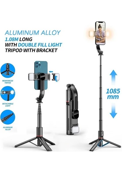 A-Çift Işıklar Selfie'ler Çubuk Selfie Çubukları Cep Telefonu Tripod Akıllı Telefon Montaj Tutucu Uzaktan Deklanşörlü Mobil Kamera Sabitleyici Dolgu Işığı (Yurt Dışından)