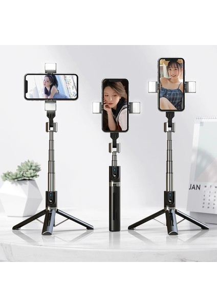 Siyah Kablosuz Bluetooth Selfie Sopa Uzatılabilir Monopod Mini Tripod Dolgu Işığı ile Bluetooth Uzaktan Deklanşör Ios Android Telefon Için (Yurt Dışından)