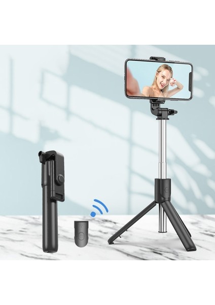 R1-Black Yeni Kablosuz Bluetooth Selfie Çubuğu Katlanabilir Mini Tripod, Ios Android Akıllı Telefonlar Için Dolgu Işığı Deklanşör Uzaktan Kumandalı (Yurt Dışından)