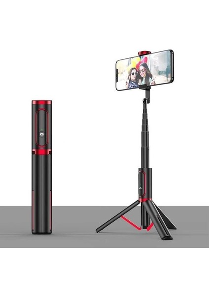Siyah Kırmızı Bonola Bluetooth Telefon Selfie Çubuğu Sağlam Gizli Tripod El Selfie Çubuğu Hafif Mobil Canlı Yayın Braketi Uzaktan (Yurt Dışından)