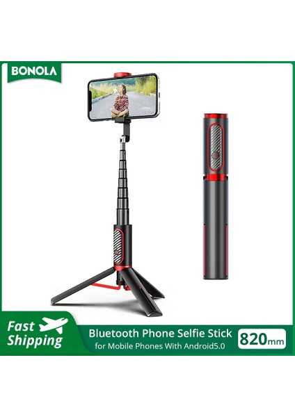 Siyah Kırmızı Bonola Bluetooth Telefon Selfie Çubuğu Sağlam Gizli Tripod El Selfie Çubuğu Hafif Mobil Canlı Yayın Braketi Uzaktan (Yurt Dışından)