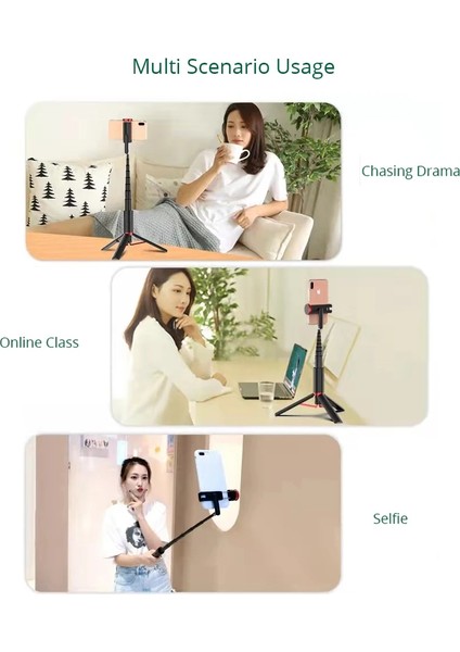 Siyah Kırmızı Bonola Bluetooth Telefon Selfie Çubuğu Sağlam Gizli Tripod El Selfie Çubuğu Hafif Mobil Canlı Yayın Braketi Uzaktan (Yurt Dışından)
