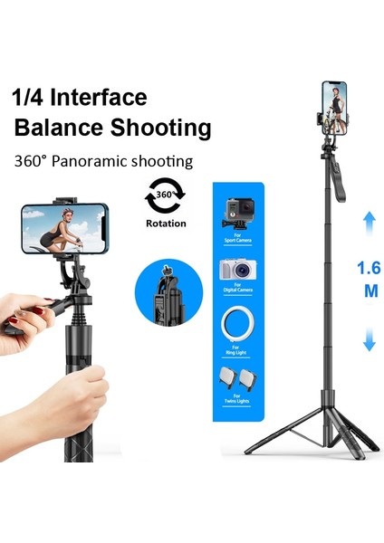 Twis Lights 1.6m Uzun Uzatılmış Bluetooth Kablosuz Selfie Çubuğu 360° Yatay Dikey Panoramik Denge Çekimi Canlı Yayın Katlanabilir (Yurt Dışından) fiyatları