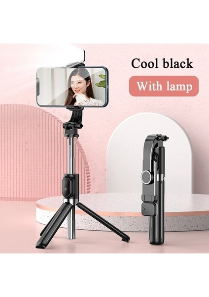 Siyah Işıklı Kablosuz Bluetooth Selfie Çubuğu Xiaomi Huawei iPhone Akıllı Telefon Monopod Deklanşör Tripod Dolgu Işığı Uzaktan Kumandalı (Yurt Dışından)