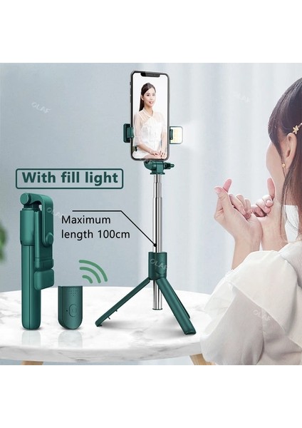 Yeşil R1S 2022 Yeni Bluetooth Kablosuz Selfie Çubuğu Mini Tripod Uzatılabilir Monopod Ios Android Telefon Için Dolgu Işığı ile Uzaktan Deklanşör (Yurt Dışından)