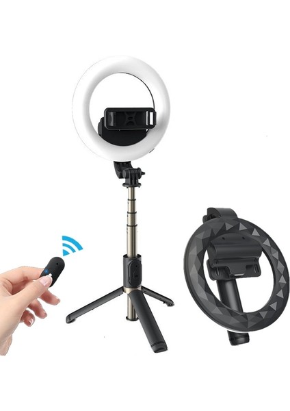 Siyah Serın Dıer 4in 1 Kablosuz Bluetooth Selfie Sopa 6 Inç LED Halka Fotoğraf Işığı Katlanabilir Tripod Monopod iPhone Android Için (Yurt Dışından)