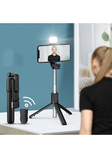 Siyah LED Bluetooth Kablosuz Selfie Çubuğu Mini Tripod Dolgu Işığı ile Uzatılabilir Ios Android Telefon Için Uzaktan Deklanşör Canlı Yayın (Yurt Dışından)