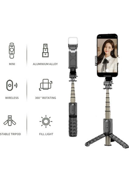 Siyah Selfie Sopa Tripod Akıllı Telefon Telefon Tutucu Q10S Dolgu Işığı Selfie Sopa Hafif Kompakt Kablosuz Telefon Tutucu (Yurt Dışından)