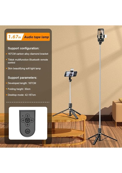 Z6S Siyah Travor Bluetooth Kablosuz Selfie Çubuğu Genişletilmiş 1.67M Canlı Yayın Standı Tutucu Tripod Akıllı Telefon Için Dolgu Işığı ile Katlanabilir (Yurt Dışından)