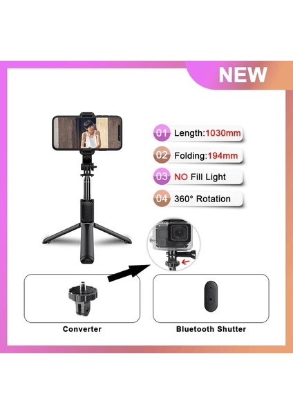 Kamerayı Kullanabilir Roreta Mini Uzatılabilir 4'ü 1 Arada Selfie Çubuğu Tripod, Kablosuz Uzaktan Kumandalı - Gopro Sjcam Kamera Için 360° Döndürülebilir Telefon Standı Tutucu (Yurt Dışından)