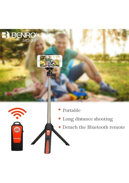 MK10 Turuncu Benro MK10 Cep Telefonu Için Taşınabilir Tripod Bluetooth Selfie Sopa Uzaktan Kumanda Telefon Çubuğu ile Huawei iPhone Android (Yurt Dışından)