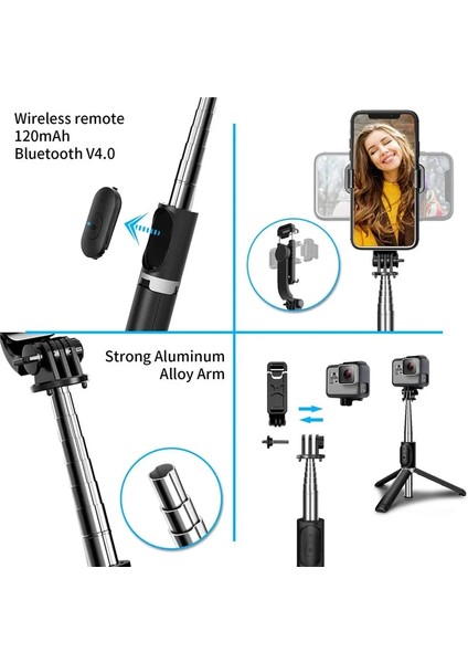 Kablosuz Uzaktan Kumandalı Siyah Selfie Çubuğu Tripod, Mini Uzatılabilir 4'ü 1 Arada Selfie Çubuğu - 360 Döndürme Telefon Standı Tutucu Telefon Için Tripod (Yurt Dışından) modelleri