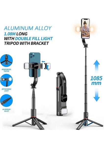 L12 Işıklı Selfie Çubuk Akıllı Telefon Selfie'ler Kamera Sabitleyici Selfie Tripod Montaj Telefon Standı Cep Mobil Tutucu Işık Selfie Çubuğu Bluetooth (Yurt Dışından)