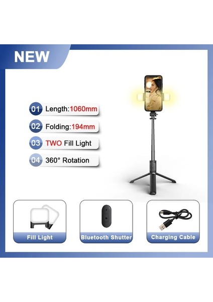 Iki Dolgu Işığı ile Roreta 2022 Yeni Kablosuz Bluetooth Selfie Çubuğu Tripodu, Ios Android Akıllı Telefon Için Dolgu Işığı Deklanşör Uzaktan Kumandası ile (Yurt Dışından)