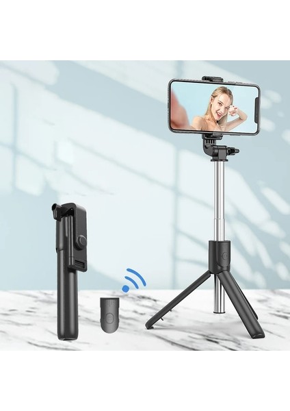 Siyah Bluetooth Kablosuz Selfie Çubuğu Mini Tripod Ios Android Telefon Canlı Yayın Için Dolgu Işığı ile Uzatılabilir Uzaktan Deklanşör (Yurt Dışından)
