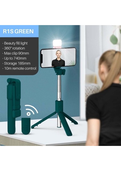 R1S Yeşil Işıklı Yeni Bluetooth Selfie Çubuğu Cep Telefonu Tutucu Geri Çekilebilir Taşınabilir Çok Fonksiyonlu Mini Tripod Kablosuz Uzaktan Deklanşörlü (Yurt Dışından)