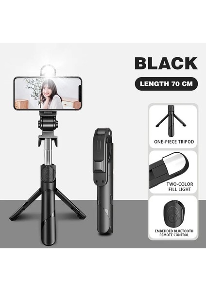 Siyah LED-70CM Uzatılabilir Tripod Cep Telefonu Için Kablosuz Bluetooth Selfie Çubuğu Dolgu Işığı ile Xiaomi iPhone Palo Selfie Için Uzaktan Kumanda (Yurt Dışından)