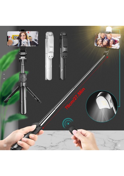 Siyah LED-70CM Uzatılabilir Tripod Cep Telefonu Için Kablosuz Bluetooth Selfie Çubuğu Dolgu Işığı ile Xiaomi iPhone Palo Selfie Için Uzaktan Kumanda (Yurt Dışından)