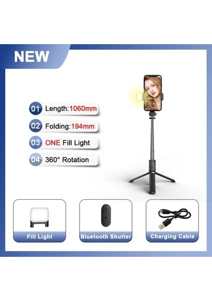 Tek Işıklı Siyah Roreta 2022 Yenı Ios Android Akıllı Telefon Için Dolgu Işığı Deklanşör Uzaktan Kumandalı Kablosuz Bluetooth Selfie Çubuğu Tripod (Yurt Dışından)