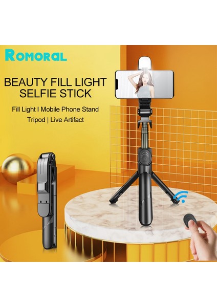 XT02-BLACK Yeni Kablosuz Bluetooth Selfie Çubuğu Taşınabilir Tripod Internet Ünlü Aracı Ios Android Telefon Için Dolgu Işığı ile Uzaktan Deklanşör (Yurt Dışından)