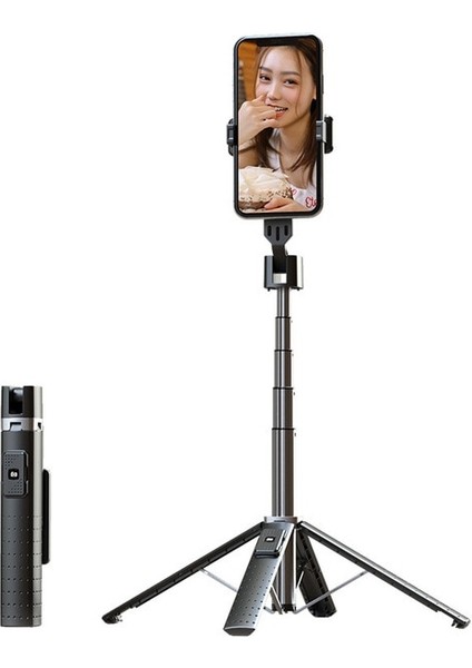 P05 Siyah Bluetooth Selfie Çubuğu Tripod Telefon Braketi Takviyeli Tetrapod Bluetooth Selfie Braketi Çift Dolgu Işığı Xiaomi Huawei Ios Için (Yurt Dışından)
