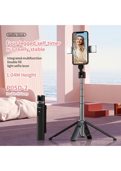 P05 Siyah Bluetooth Selfie Çubuğu Tripod Telefon Braketi Takviyeli Tetrapod Bluetooth Selfie Braketi Çift Dolgu Işığı Xiaomi Huawei Ios Için (Yurt Dışından) modelleri