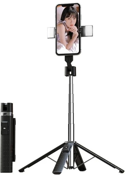 P04D-2 Siyah Bluetooth Selfie Çubuğu Tripod Telefon Braketi Takviyeli Tetrapod Bluetooth Selfie Braketi Xiaomi Huawei Ios Için Çift Dolgu Işığı (Yurt Dışından)