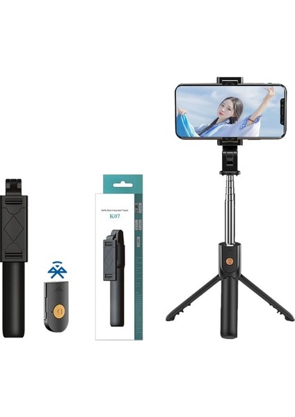 Siyah K07 K07 Kablosuz Bluetooth Selfie Çubuğu Katlanabilir Mini Tripod Genişletilebilir Monopod iPhone Ios Android Için Uzaktan Kumanda ile (Yurt Dışından)