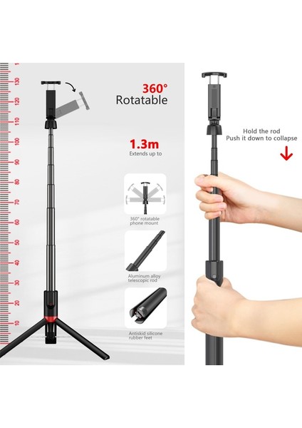 NA-ST130-R Selfie Çubuğu 51" iPhone Huaweı Xiaomi Samsung Için Uzatılabilir Güçlendirilmiş Alüminyum Tripod Bluetooth Seyahat Telefonu Selfie Standı ile (Yurt Dışından)