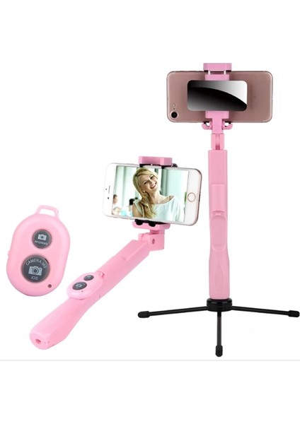 Pembe 5-In-1 Kablosuz Bluetooth Uzaktan Kumanda Katlanabilir El Selfie Sopa Mini Taşınabilir Paslanmaz Çelik Ayna ile Tripod (Yurt Dışından)