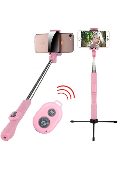 Pembe 5-In-1 Kablosuz Bluetooth Uzaktan Kumanda Katlanabilir El Selfie Sopa Mini Taşınabilir Paslanmaz Çelik Ayna ile Tripod (Yurt Dışından)