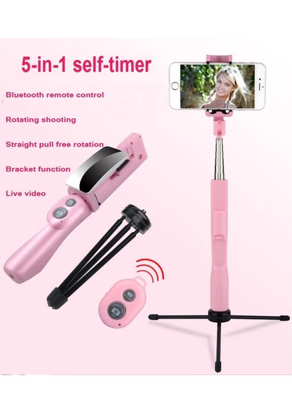 Pembe 5-In-1 Kablosuz Bluetooth Uzaktan Kumanda Katlanabilir El Selfie Sopa Mini Taşınabilir Paslanmaz Çelik Ayna ile Tripod (Yurt Dışından)