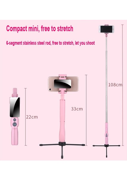 Pembe 5-In-1 Kablosuz Bluetooth Uzaktan Kumanda Katlanabilir El Selfie Sopa Mini Taşınabilir Paslanmaz Çelik Ayna ile Tripod (Yurt Dışından)