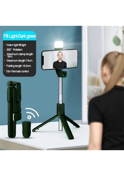 R1S Yeşil 2 Adet Selfie Çubuğu Tripod Kablosuz Bluetooth Uzaktan Kumanda Teleskopik Katlanabilir Uzatılabilir Dolgu Işığı 360° Döndürme Telefon Tutucu (Yurt Dışından)