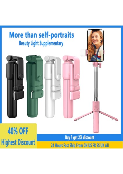 Siyah Işıklı Kablosuz Bluetooth Uyumlu Selfie Çubuğu LED Halka Işıklı Katlanabilir Tripod Monopod iPhone Için Android Canlı Tripod (Yurt Dışından)