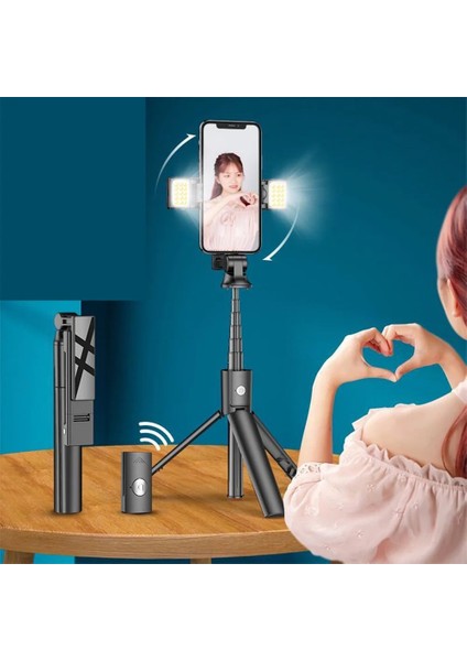 Tek Işık Canlı Taşınabilir Kablosuz Bluetooth Telefon Teleskopik Selfie Çubuk Tripod Çift Dolgu Işığı ile Huawei iPhone Android Xiaomi Için (Yurt Dışından) fiyatları