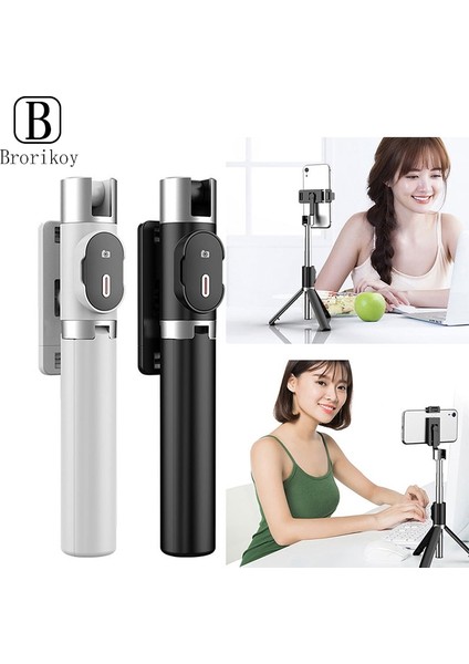 Siyah Kablosuz Bluetooth Selfie Çubuğu Akıllı Telefon Canlı Yayın Fonksiyonu iPhone 12 Samsung Huawei Mini Tripod Standı Tutucu ile (Yurt Dışından) fiyatları