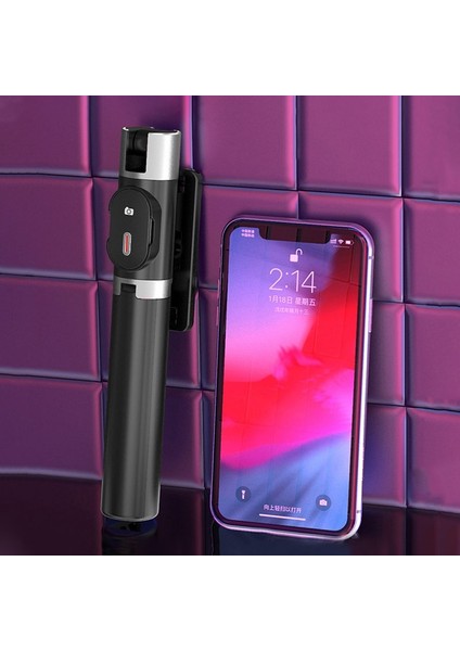 Siyah Kablosuz Bluetooth Selfie Çubuğu Akıllı Telefon Canlı Yayın Fonksiyonu iPhone 12 Samsung Huawei Mini Tripod Standı Tutucu ile (Yurt Dışından) modelleri