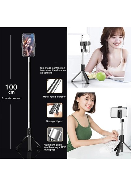 Siyah Kablosuz Bluetooth Selfie Çubuğu Akıllı Telefon Canlı Yayın Fonksiyonu iPhone 12 Samsung Huawei Mini Tripod Standı Tutucu ile (Yurt Dışından) fırsatları