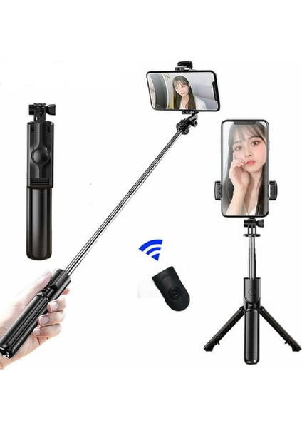 Siyah Onlıvıng Kablosuz Uzaktan Kumandalı ve Tripodlu Geri Çekilebilir Selfie Çubuğu, Apple ve Android Sistemleriyle Uyumludur (Yurt Dışından)